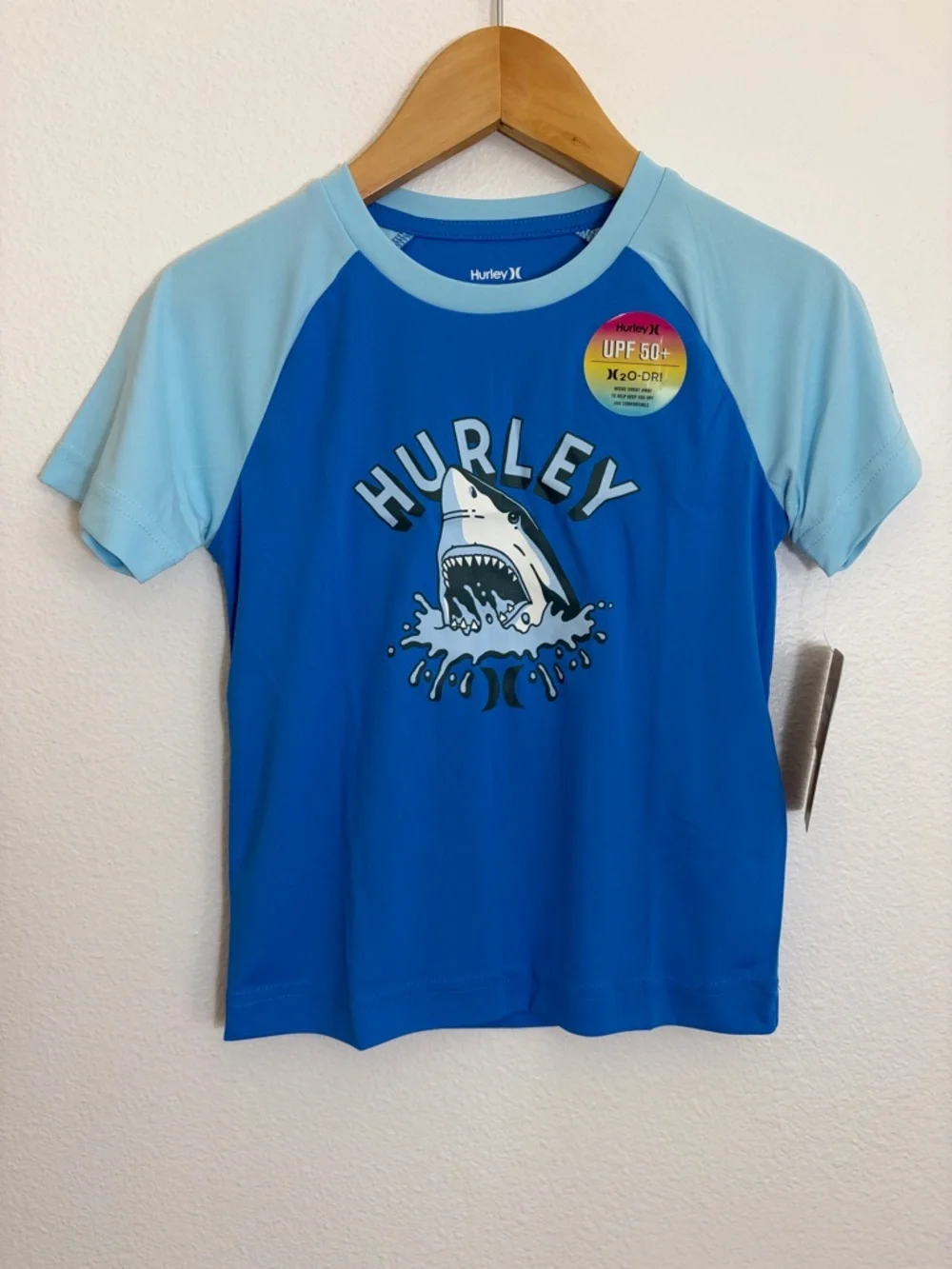 NWT Set Hurley UPF 50+ Blue Shark Short Sleeve Rash Guard Swim Shorts
